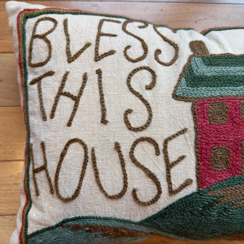 Decorative Bless This House Crewel Throw Pillow Accent Embroidered 15.5” x 12